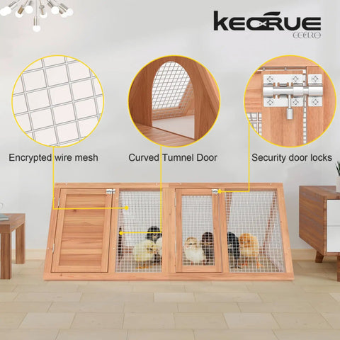 Outdoor Rabbit Hutch And Chicken Coop With Ventilated Wire Run And A Frame Design, features detailed view of wire mesh, tunnel door, and locks.