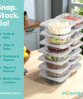 Stacked two compartment reusable snack containers with lids 20 pack 40 pieces leak proof snack prep trays for kids.