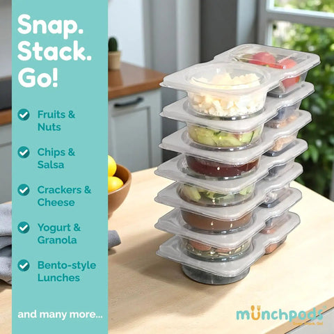 Stacked two compartment reusable snack containers with lids 20 pack 40 pieces leak proof snack prep trays for kids.