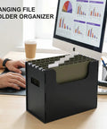 Desktop Hanging File Organizer Box with Five Army Green Hanging File Folders on office desk