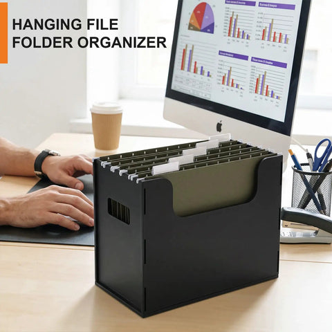 Desktop Hanging File Organizer Box with Five Army Green Hanging File Folders on office desk
