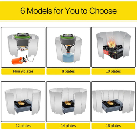 6 models of Tall 32.3 Inch By 9.5 Inch Aluminum Stove Windscreen With 10 Removable Plates, showcasing different setups.
