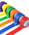 Colorful Masking Tape Set Six 1 Inch By 40 Feet Rolls In Blue Green Red Yellow Orange Purple Perfect For Crafts Labeling Coding DIY Decor And Painting Projects, displayed in an array, showing texture and color variety.