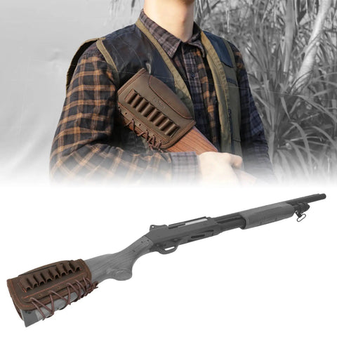 Hunter holding rifle with Adjustable Cheek Riser Rifle Stock Pad With Leather Protection And Eight-Round Ammo Holder, lace-up design