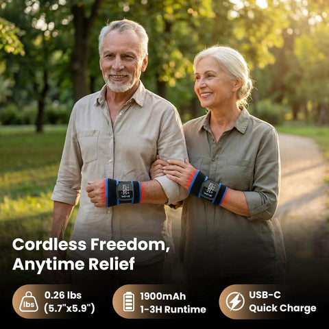 Older couple wearing Infrared Heated Wrist Wrap With Vibration Massage For Carpal Tunnel And Arthritis, cordless pain relief.