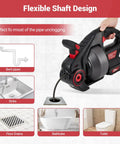 20 Volts Cordless Electric Drain Auger Equipped With Twenty Five Foot Pipe Snake And Household Drain Clog Remover in use for unclogging sinks and bathtubs.