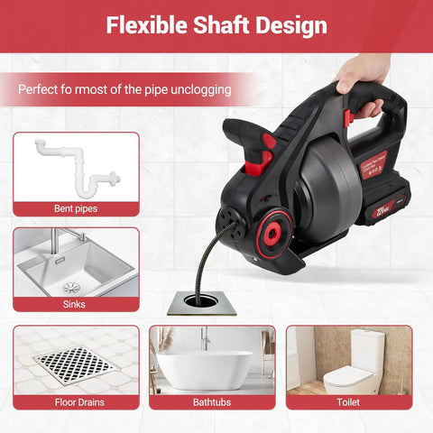 20 Volts Cordless Electric Drain Auger Equipped With Twenty Five Foot Pipe Snake And Household Drain Clog Remover in use for unclogging sinks and bathtubs.