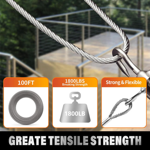 Marine Grade T316 Stainless Steel Wire Rope Cable For Deck Railing System Kit, 100 Ft Length, One Eighth Inch Thickness