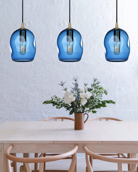 Dope Capri Blue Glass Pendant Lights Hand Blown Organic Globe With Gold Accents For Kitchen Island Ceiling Fixtures 8 Inch Height Set Of 2 Easy Install ETL Certified above a dining table