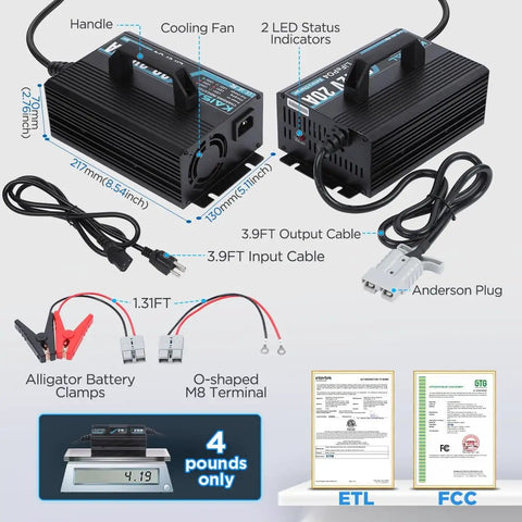 Beefed Up 24V LiFePO4 Battery Charger With 29.2V Output 20A For 25.6V LiFePO4 Packs In RV Boat Truck Marine And Solar 0V Wake Up LED Indicator And 3 Connectors showing dimensions and features like cooling fan, LED status indicators, and connectors.