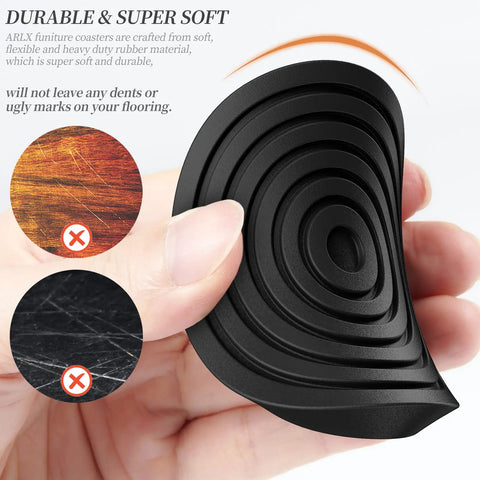 Hand holding No Slip Two And A Half Inch Furniture Coasters Caster Cups Four Pack Rubber Floor Pads Protect Hardwood Floors And Furniture Legs Soft Touch Leg Protectors For All Sizes Of Furniture Black