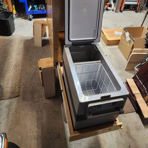 Beefy Heavy Duty Locking Drawer Slides 10 To 80 Inch Full Extension With 480 Lbs Capacity Ball Bearing Rails shown installed with fridge