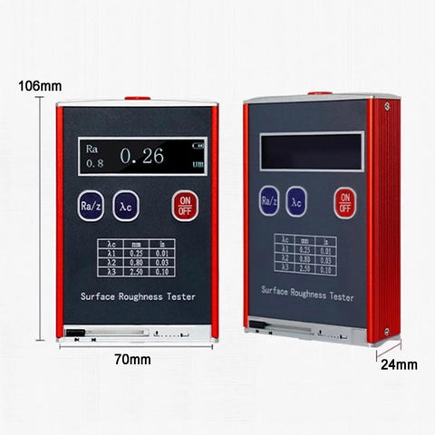 Portable Surface Roughness Tester With 0.01 μm Accuracy, Compact Profilometer For Ra/Rq 0.05 To 15.0 μm And Rz/Rt 0.1 To 50.0 μm, Rechargeable With Standard Calibration Block, On-The-Go Precision Gauge For Metals, Plastics, Ceramics. handheld unit shown front and angled view, 106 x 70 x 24 mm