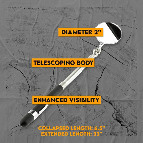 Telescoping Two Inch Round Inspection Mirror With Swivel Neck Extends Up To Thirty Three Inches Cushioned Grip Handle And Metal Clip