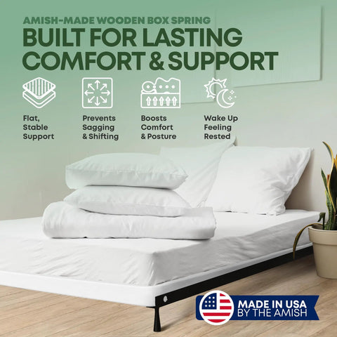 Queen Size Wood Box Spring Bed Base With Rock Solid Under Mattress Support And Simple Snap Together Setup on a bed with pillows.