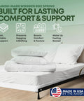 Queen Size Wood Box Spring Bed Base Built For Zero Hassle Setup Provides Dang Sturdy Mattress Foundation Support In A Space Saving Flat Pack Design With A Clean White Finish with pillows and plant.