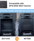 Hidden Center Console Storage Box For Toyota Tacoma 2016 To 2023 Armrest Organizer comparison before and after install
