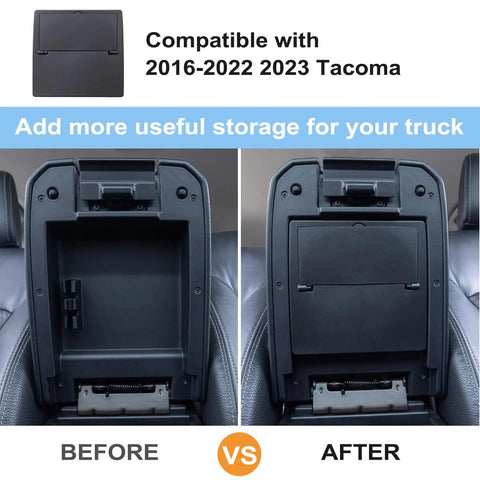 Hidden Center Console Storage Box For Toyota Tacoma 2016 To 2023 Armrest Organizer comparison before and after install