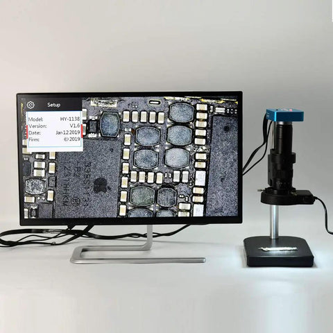 Ultra High Resolution 34MP Full HD 2K 1080P Digital Microscope Camera With HDMI And USB For Phone And PC Ideal For PCB Repair Electronics Inspection Industrial Microscopy And Precise Solder Work, shown with PCB view on monitor
