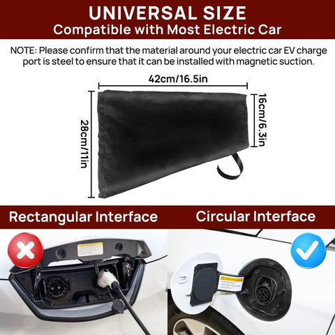 Heavy Duty Magnetic EV Charger Cover Built Like A Tank To Shield Your Electric Ride From Grit And Downpours Sealed All Weather Port Guard With Beefy Magnets In Durable Matte Black dimensions and installation guide.