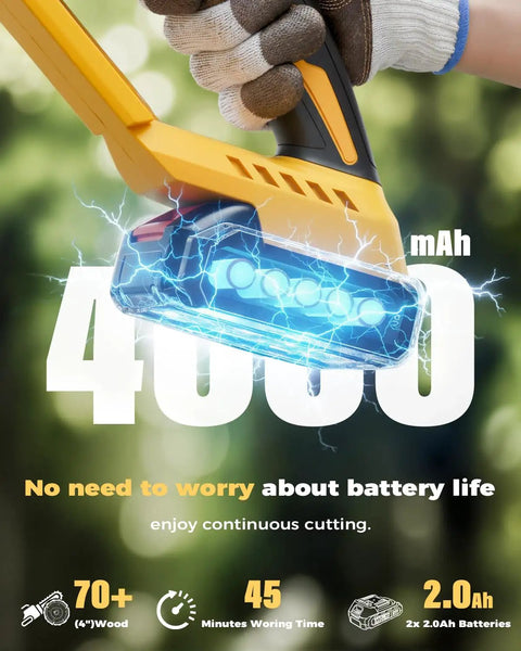 Close-up of cordless pole saw and mini chainsaw battery showing 4000mAh capacity for extended use. Cordless Pole Saw and Mini Chainsaw Two in One Lightweight Electric Yard Tool With Brushless Motor Battery Powered Converting From Handheld Two Point Two Pounds To Thirteen Point Seven Foot Reach For Easy Tree Trimming.