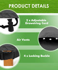 Product details showing adjustable drawstring cord, air vents, and locking buckle on Outdoor Round Patio Table Cover 24 Inch Diameter By 28 Inch Height Waterproof UV Resistant For Small Bistro And Coffee Tables Shields Round Patio Furniture Sets From Rain Sun And Snow.