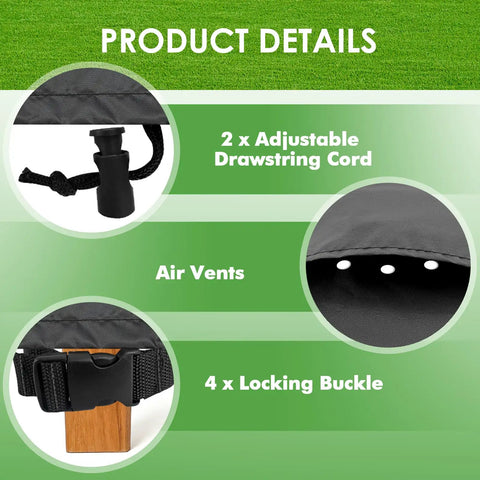 Product details showing adjustable drawstring cord, air vents, and locking buckle on Outdoor Round Patio Table Cover 24 Inch Diameter By 28 Inch Height Waterproof UV Resistant For Small Bistro And Coffee Tables Shields Round Patio Furniture Sets From Rain Sun And Snow.