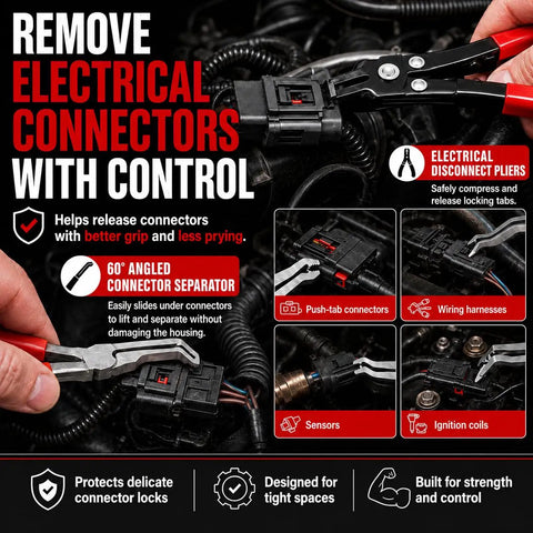 5 Piece Auto Electrical Disconnect Pliers Kit with tools shown releasing electrical connector safely.