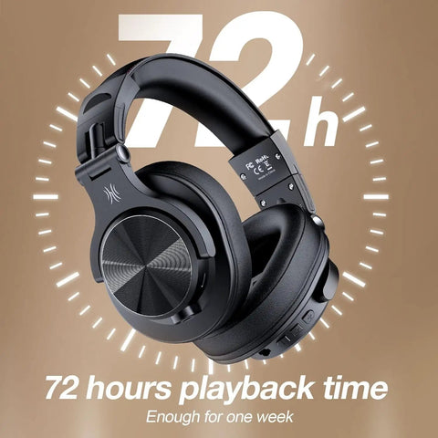 Dual Mode Bluetooth Over Ear Headphones With 72 Hour Battery Life and Hi-Res Audio on a beige background