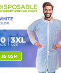 Man wearing a white disposable lab coat, 3X large size, with elastic wrists, loop closures; labeled '10 Pack 35 GSM Polypropylene'.
