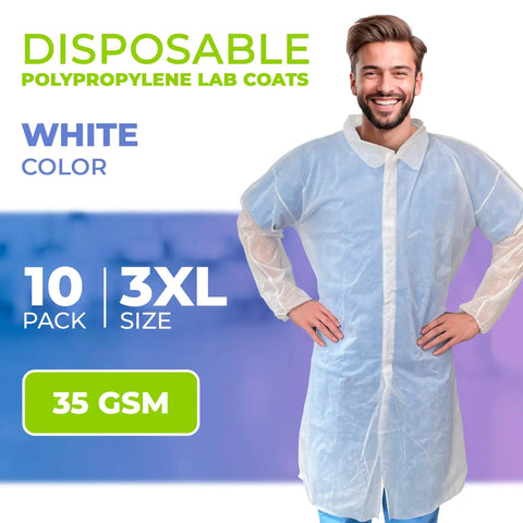 Man wearing a white disposable lab coat, 3X large size, with elastic wrists, loop closures; labeled '10 Pack 35 GSM Polypropylene'.