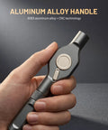 Close-up of a hand holding the Ultimate 24-In-1 Magnetic Ratchet Screwdriver Set with aluminum handle and CNC technology.
