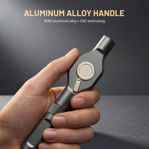 Close-up of a hand holding the Ultimate 24-In-1 Magnetic Ratchet Screwdriver Set with aluminum handle and CNC technology.