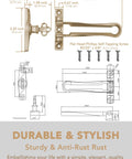 Illustration of Door Guard Swing Bar Lock For Outward Opening Doors, Heavy Duty Security Latch in matte gold, with dimensions.