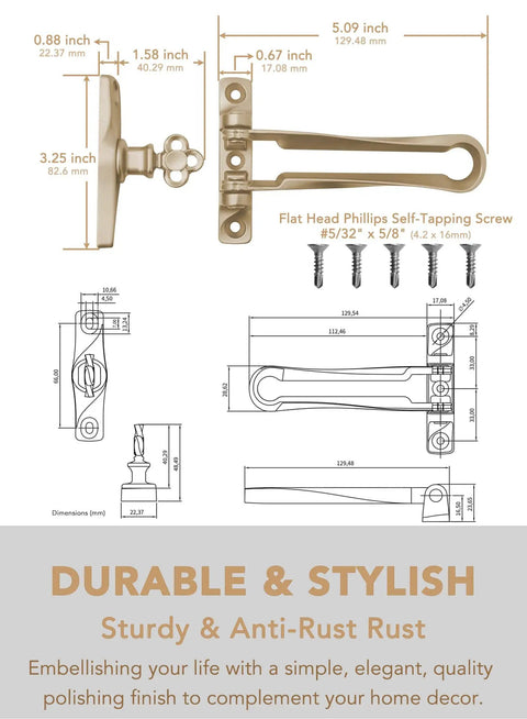 Illustration of Door Guard Swing Bar Lock For Outward Opening Doors, Heavy Duty Security Latch in matte gold, with dimensions.
