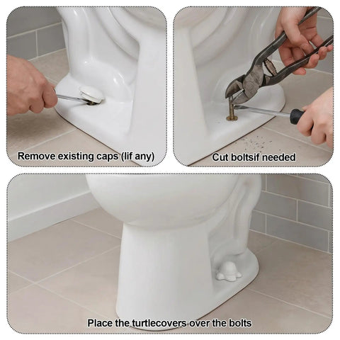 Installation steps for Top Shelf White Ceramic Sea Turtle Toilet Bolt Covers 2 Piece Set on a toilet bowl.
