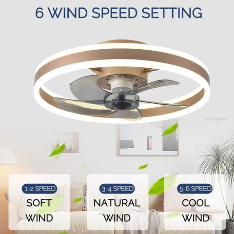 Low Profile Ceiling Fan With Light Gold Finish Modern Flush Mount Enclosed Ceiling Fan 19.7 Inch LED Dimmable Bladeless
