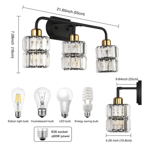 Modern Crystal Vanity Light Three Light Wall Sconce In Matte Black For Bathroom With Premium K9 Crystal Lamps and E26 Base