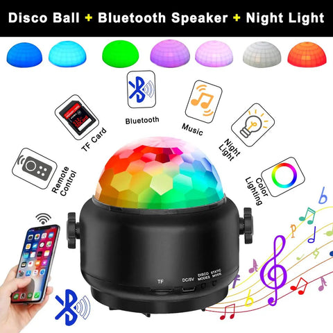 Lit Party Ready Mini Disco Ball With Bluetooth Speaker, black base, sound activated LED lights, colorful design.