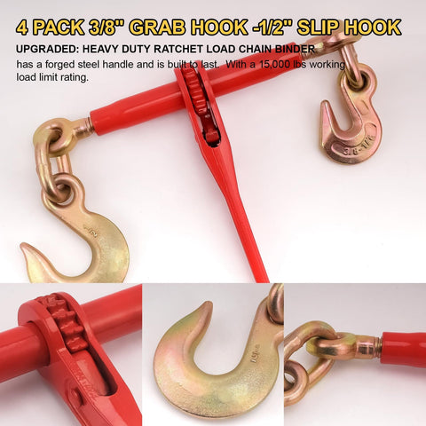 3/8 to 1/2 inch drop forged ratchet load binders with 3/8 grab hook and 1/2 slip hook, G70 grade, close-up on hooks and mechanism