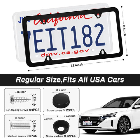 Stainless Steel License Plate Frames 2 Pack With 4 Hole Mount For US Vehicles Includes Screws Washers Caps Black Built Tough All Weather Car Exterior Accessory, showing dimensions and installation components.