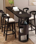 Top Shelf Solid Wood Bar Table With Hidden Storage And Counter Height Pub Style For No Sweat Assembly. Black wood table with stools.