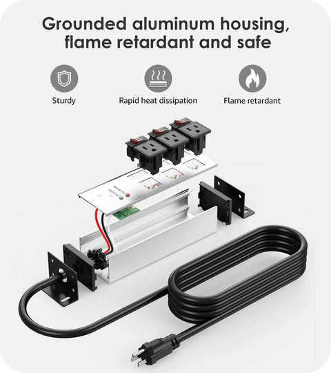 Beefy 3 Outlet Surge Protector With Twelve Gauge Cord And Six Foot Length Individual Switches Grounding Protection 20 Amp Circuit Breakers NEMA 5-15P Plug Brushed Silver Power Strip For Home Office Workshop And Studio, exploded view