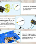 Instructional image showing how to connect Extra Large Soldering Mat With ESD Wrist Strap And Grounding Kit. Steps labeled 01, 02, 03.