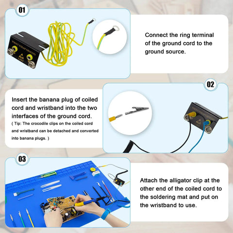 Instructional image showing how to connect Extra Large Soldering Mat With ESD Wrist Strap And Grounding Kit. Steps labeled 01, 02, 03.