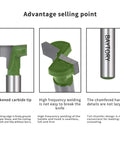 Close-up view of green Keyhole Router Bits Set for Wood With One Quarter Inch Shank, highlighting carbide tips and welding features.