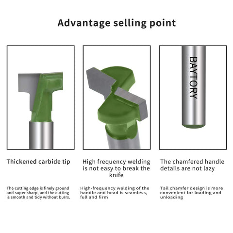 Close-up view of green Keyhole Router Bits Set for Wood With One Quarter Inch Shank, highlighting carbide tips and welding features.
