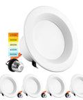 4 Inch LED Recessed Can Lights With Dimmable Retrofit Downlights One Easy Switch Lets You Pick Five Color Temps 2700K 3000K 3500K 4000K 5000K 750 Lumens Energy Star Wet Rated ETL Listed 4 Pack displayed with selectable color temperatures chart