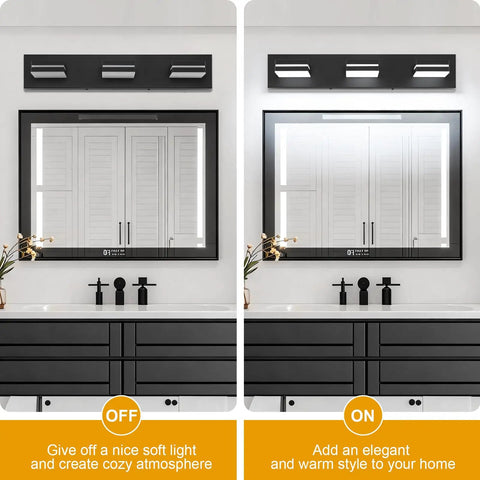 Three Light 24 Inch Matte Black LED Vanity Light With Frosted Acrylic Shades, Cool White 6000K for Bathroom Mirror, Off and On