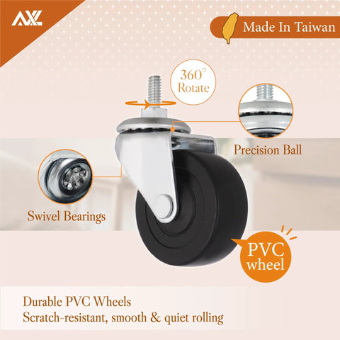 2 Inch Caster Wheels with 1/4 Inch Threaded Stem Swivel Casters and Brakes shown with PVC wheel, precision ball, swivel bearings